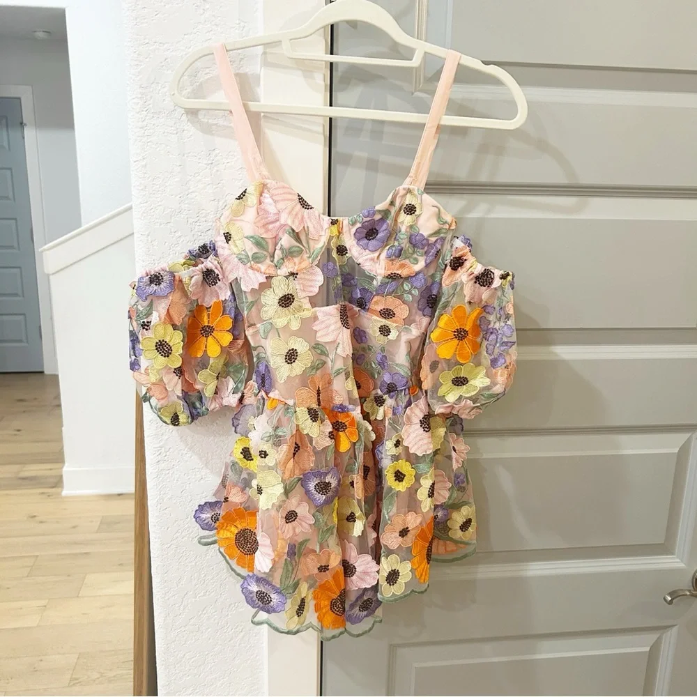 NWT For Love & Lemons Prato Flower Floral Appliqué Mini Dress - Picture 8 of 13
